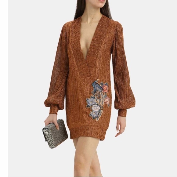 PatBo Lurex Embellished Deep V Neck Tunic Mini Dress Size XS Copper - Picture 8 of 15